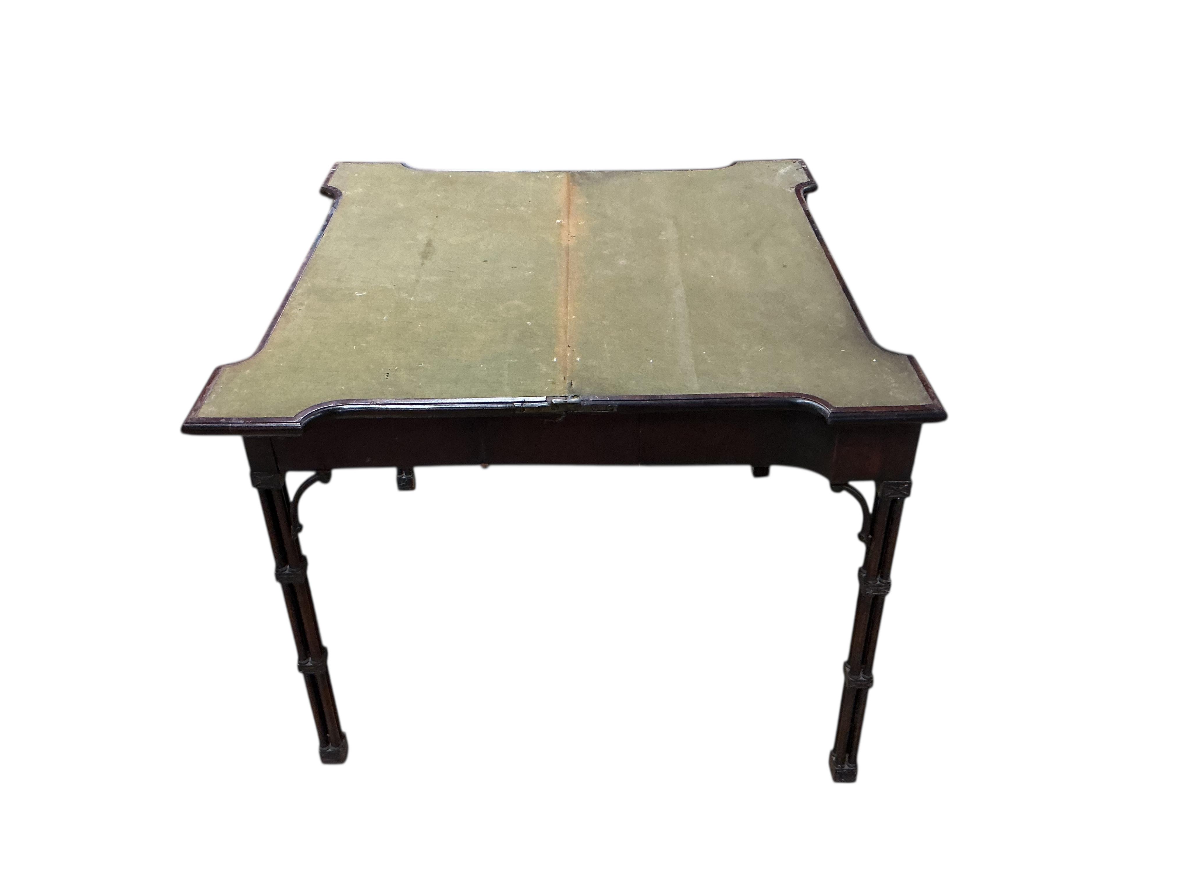 A George III Chippendale style mahogany folding card table on cluster column legs, width 90cm, depth 45cm, height 74cm
